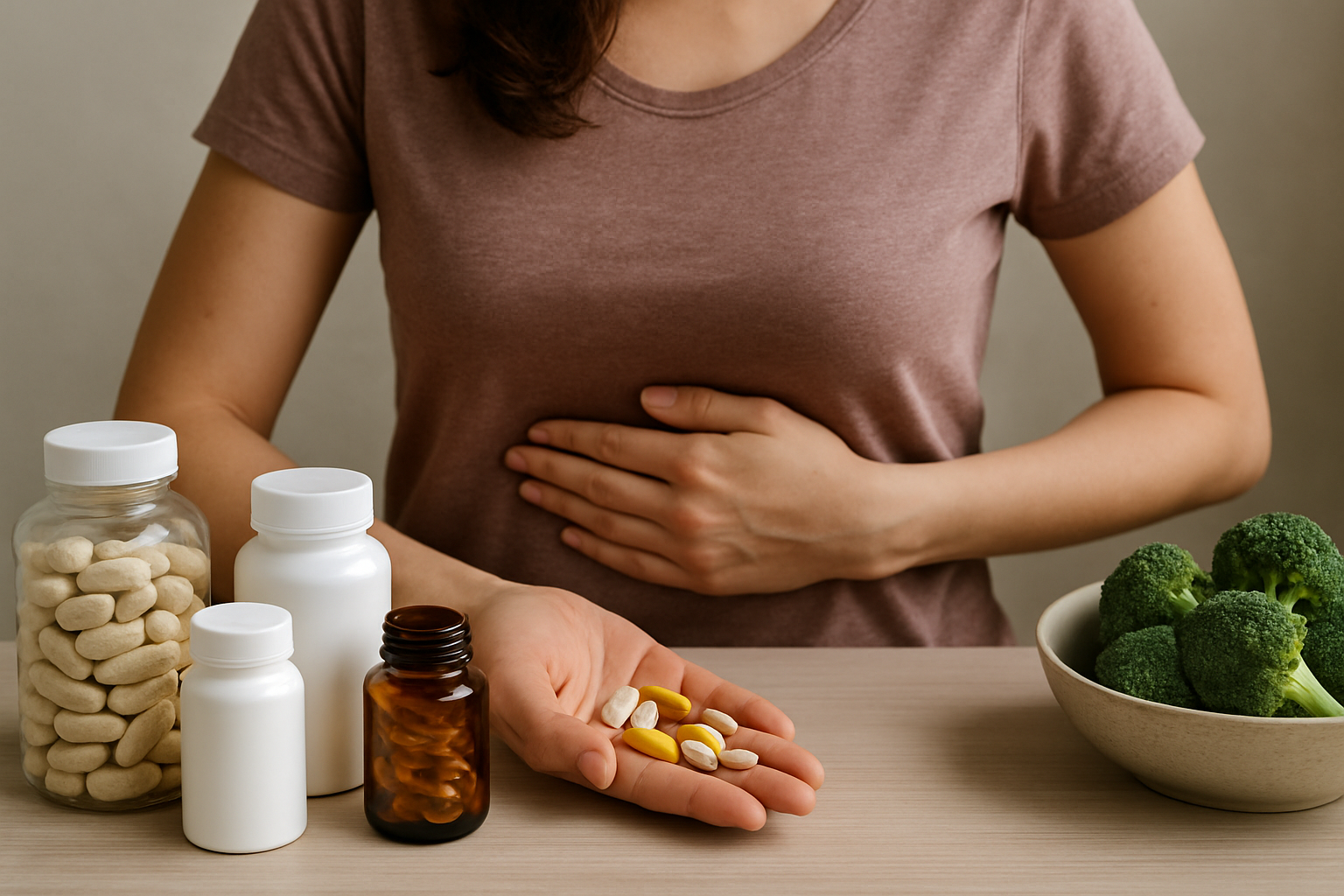 Woman holding supplements, jars, and bowl of broccoli for wellness and hormonal balance