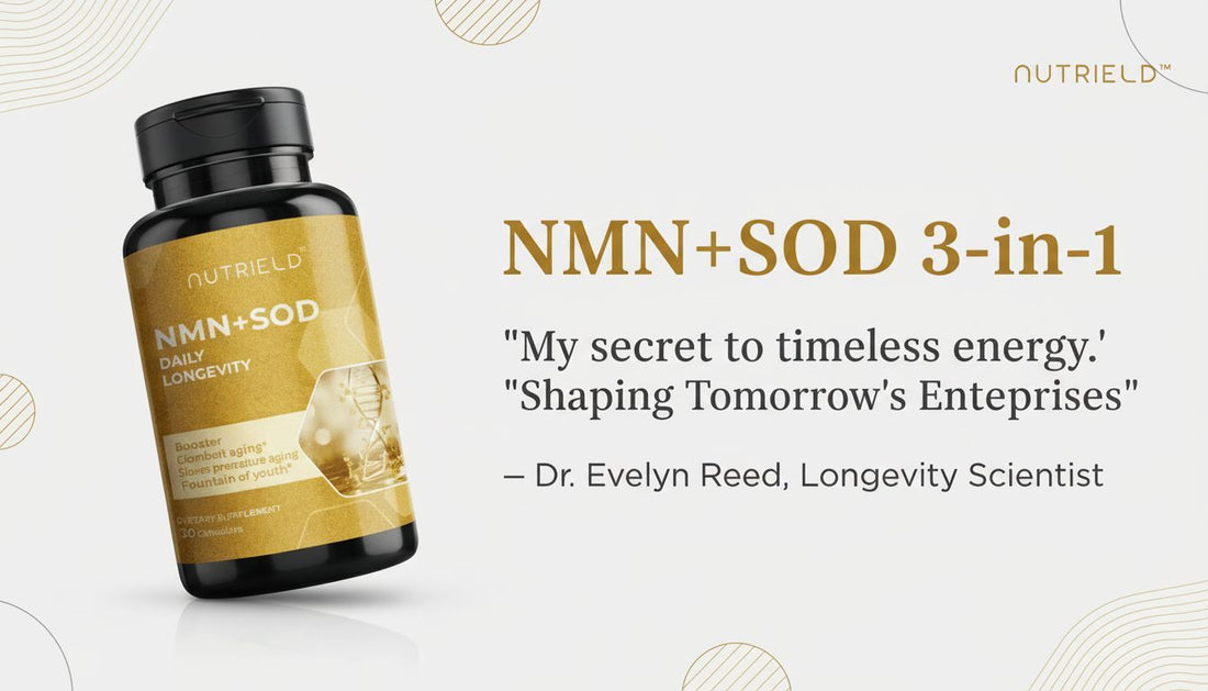 NMN+SOD 3-in-1 supplement bottle for daily longevity, health boost, and energy support