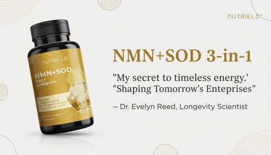 NMN+SOD 3-in-1 supplement bottle for daily longevity, health boost, and energy support