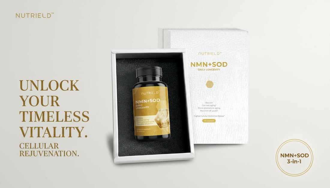 NMN+SOD daily longevity supplement bottle and box, promoting cellular rejuvenation.