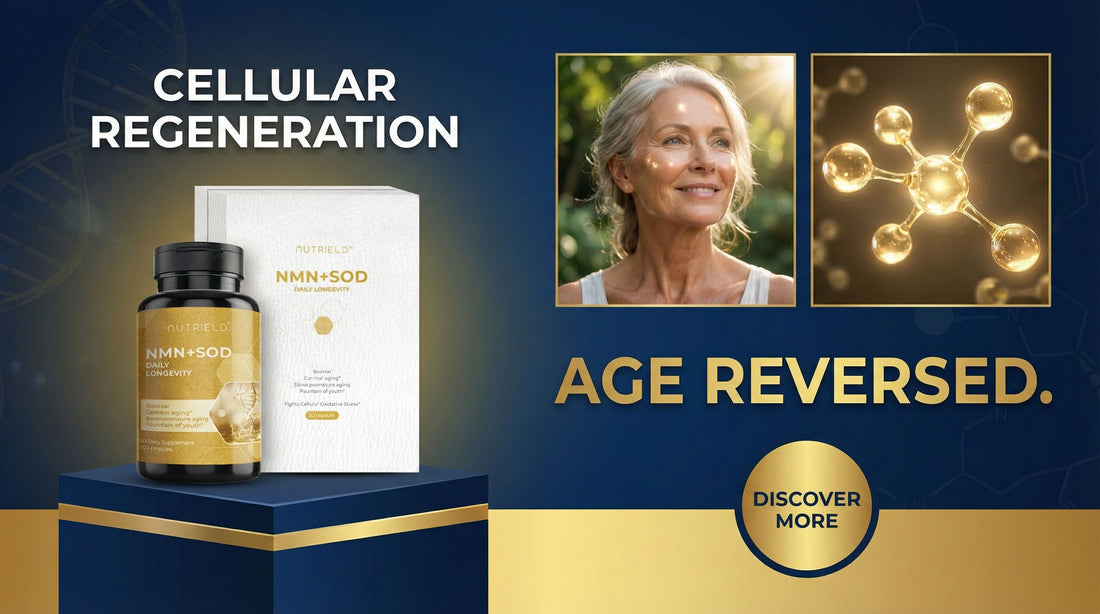 NMN SOD supplement for cellular regeneration, featuring mature woman and molecular graphic