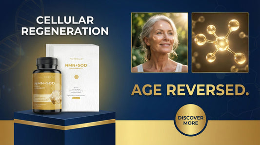 NMN SOD supplement for cellular regeneration, featuring mature woman and molecular graphic