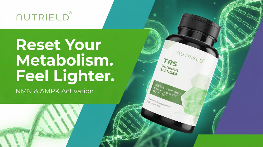 TRS Ultimate Slender supplement bottle with DNA strands and metabolism support text