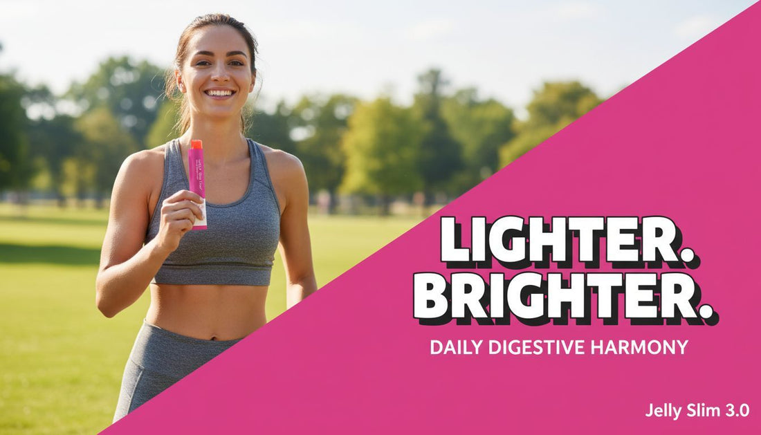 Smiling woman in sportswear holding a Jelly Slim 3.0 stick outdoors, promoting daily digestive harmony.