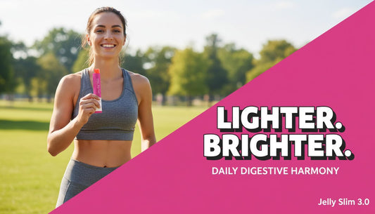 Smiling woman in sportswear holding a Jelly Slim 3.0 stick outdoors, promoting daily digestive harmony.
