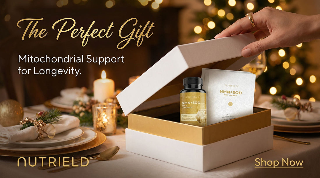 Hand opening gift box with NMN+SOD supplement, festive holiday table and candles in background.