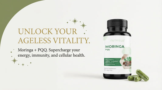 Moringa PQQ supplement bottle with green capsules for energy, metabolism, and cellular health