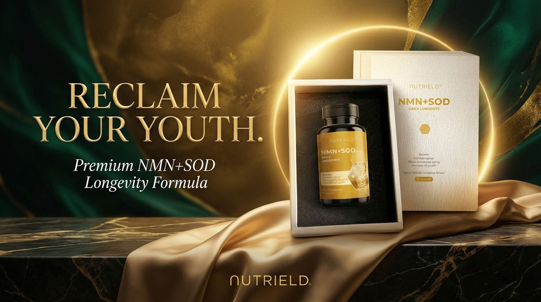 NMN + SOD supplement bottle and box for longevity support on elegant gold and green background