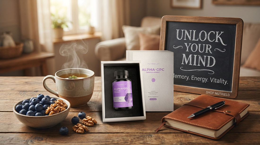 Alpha-GPC supplement box with tea, blueberries, walnuts, notebook, and 'Unlock Your Mind' sign