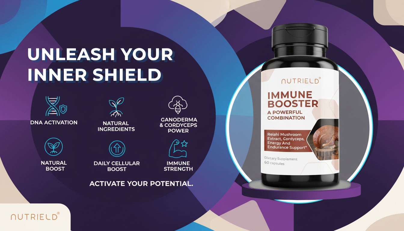 Immune booster supplement bottle with benefits like DNA activation, immune strength, natural ingredients, and daily cellular boost on a modern colorful background.