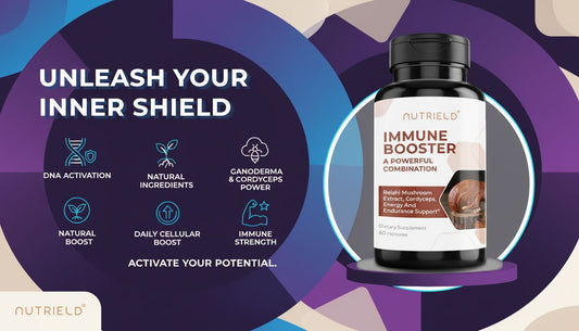 Immune booster supplement bottle with benefits like DNA activation, immune strength, natural ingredients, and daily cellular boost on a modern colorful background.