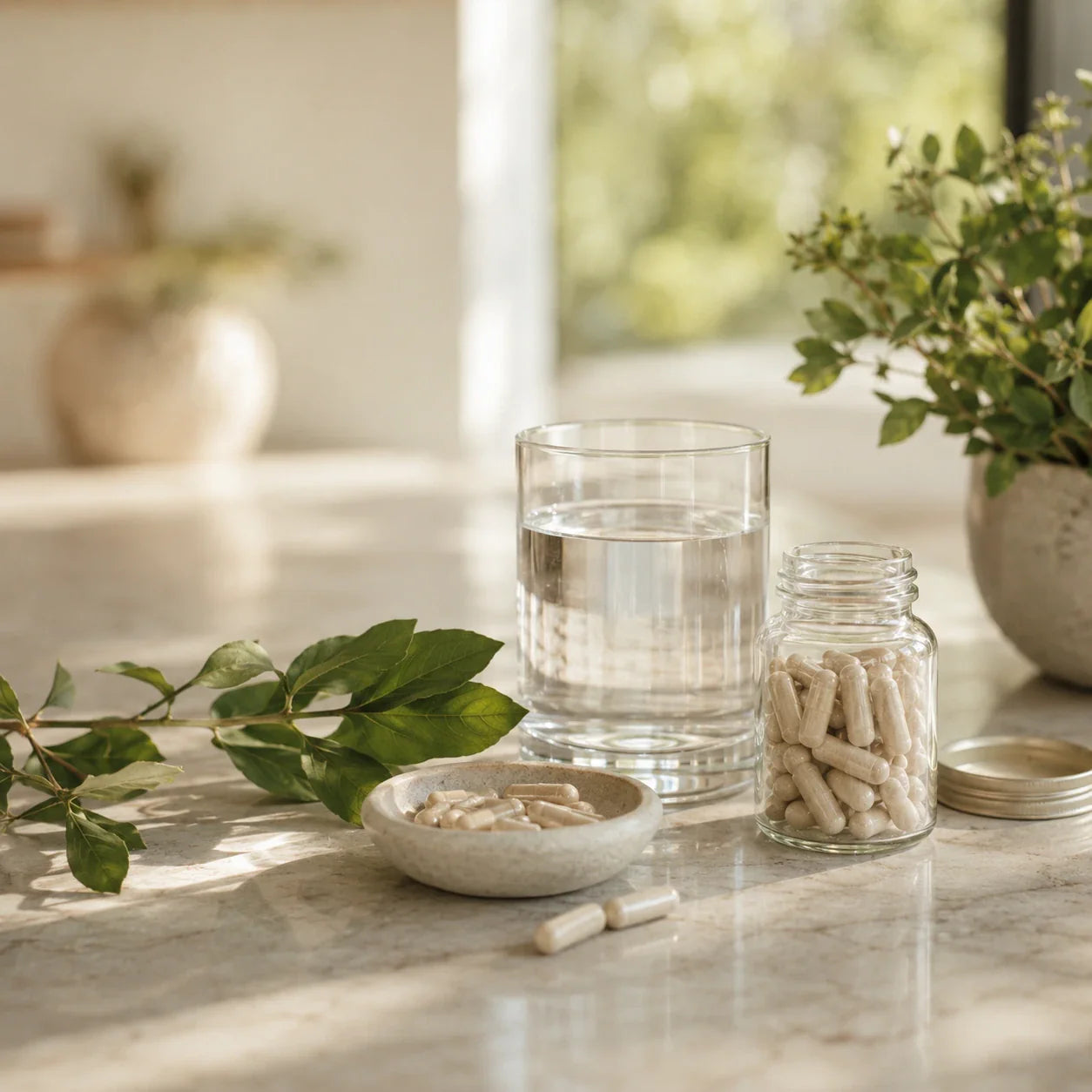 Daily supplement routine with capsules and water for nuTRIELD healthy aging and wellness support