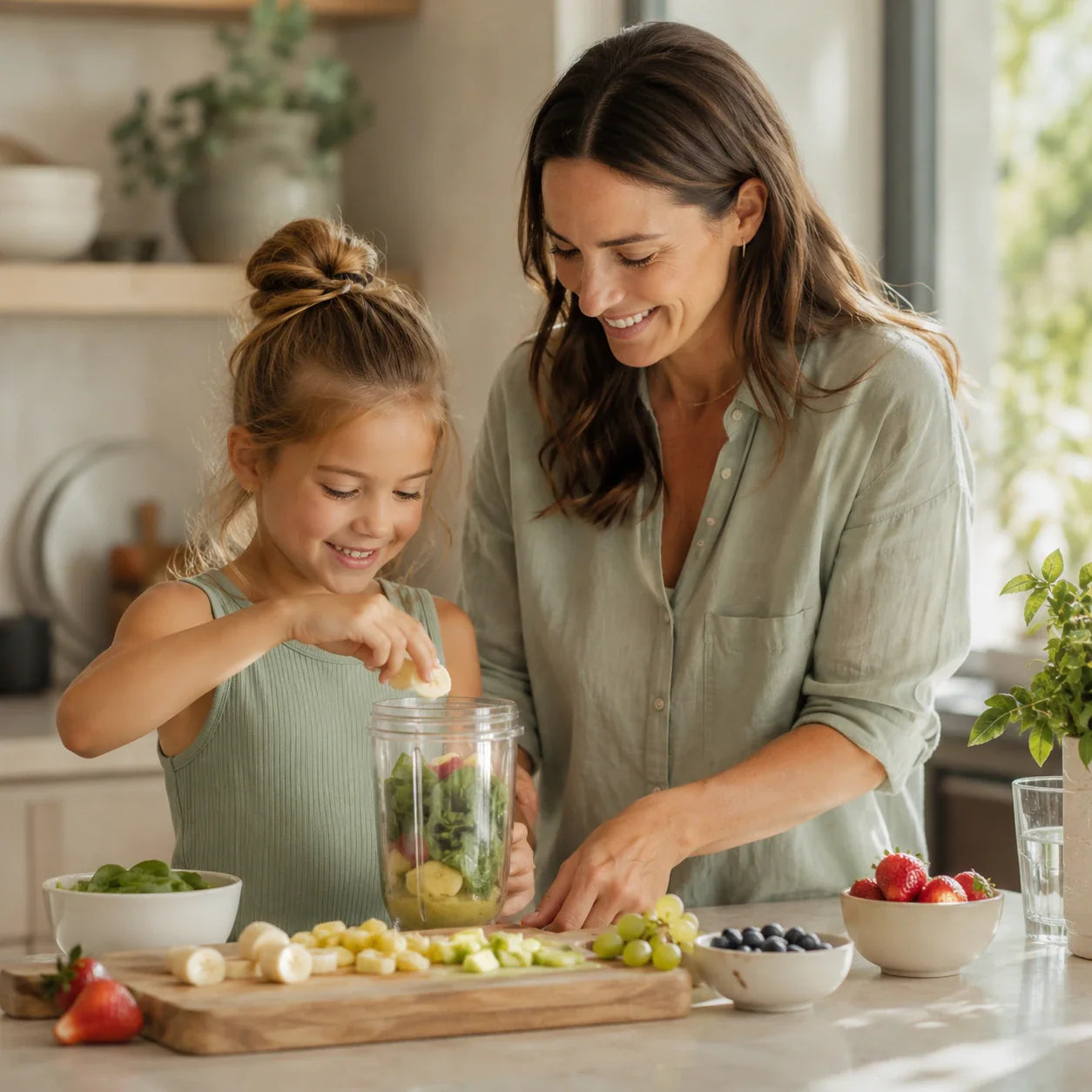 Mother and child preparing a healthy smoothie for nuTRIELD clean nutrition and family wellness