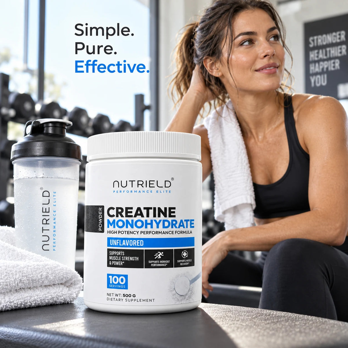 NUTRIELD creatine monohydrate with a shaker in a gym training setting