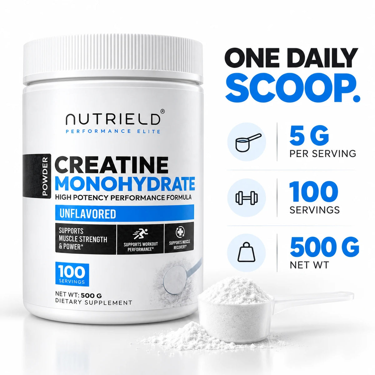 Creatine daily serving guide: 5g per scoop, 100 servings, 500g per tub