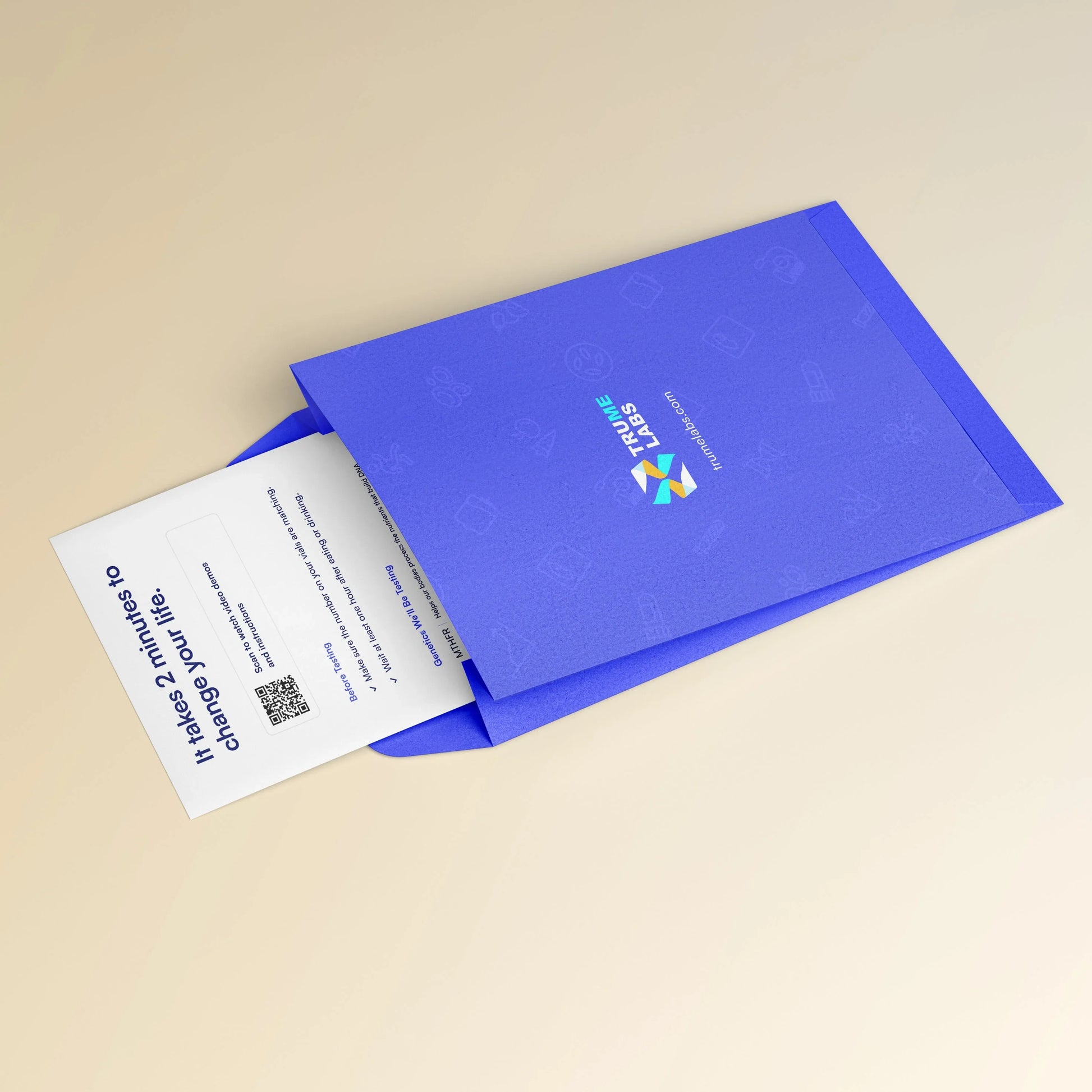 Trume Labs blue envelope with wellness test instructions, QR code, and 'It takes 2 minutes to change your life' message