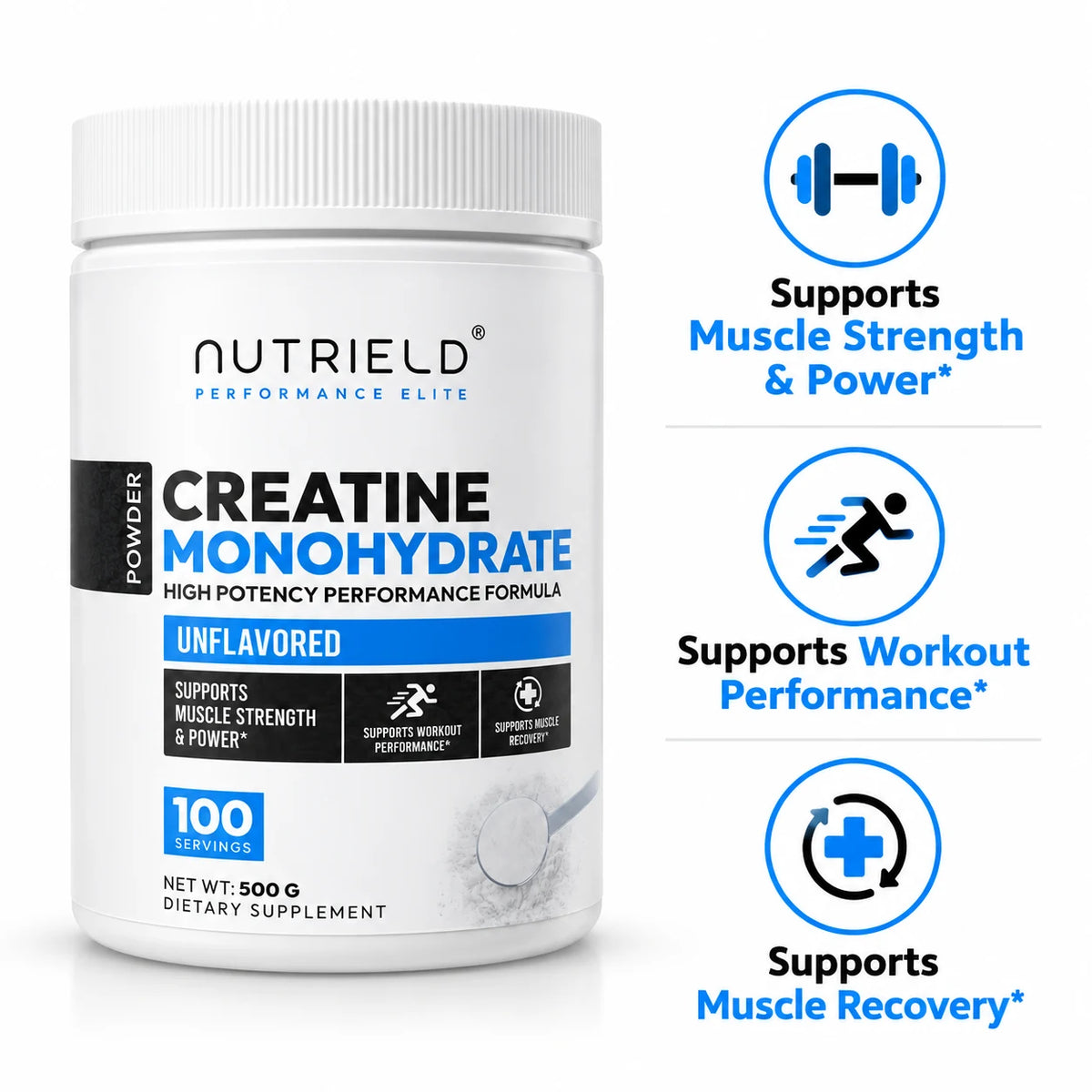 NUTRIELD creatine supports muscle strength, workout performance, and muscle recovery