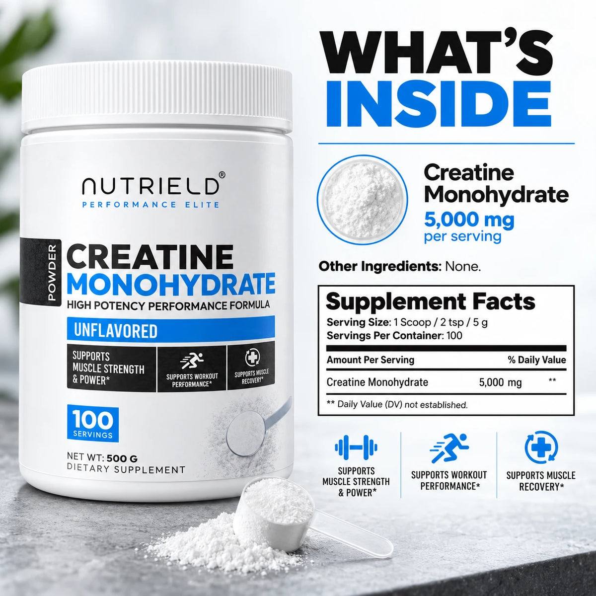 Supplement Facts: creatine monohydrate 5000mg per serving; other ingredients none
