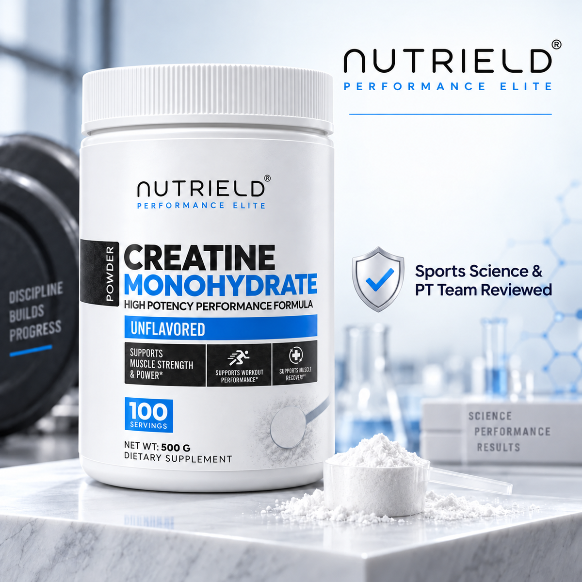 NUTRIELD Creatine Monohydrate Powder with Sports Science and PT Team Reviewed statement