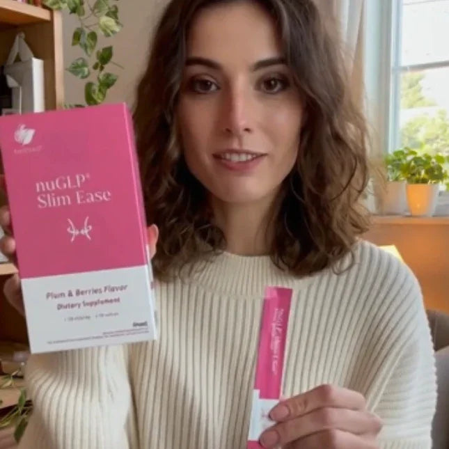 Woman holding nuGLP Slim Ease dietary supplement in Plum & Berries flavor, supporting metabolic balance and wellness.