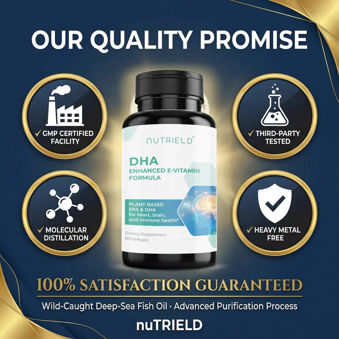 DHA supplement bottle with plant-based EPA, quality seals for GMP, third-party testing, and heavy metal free