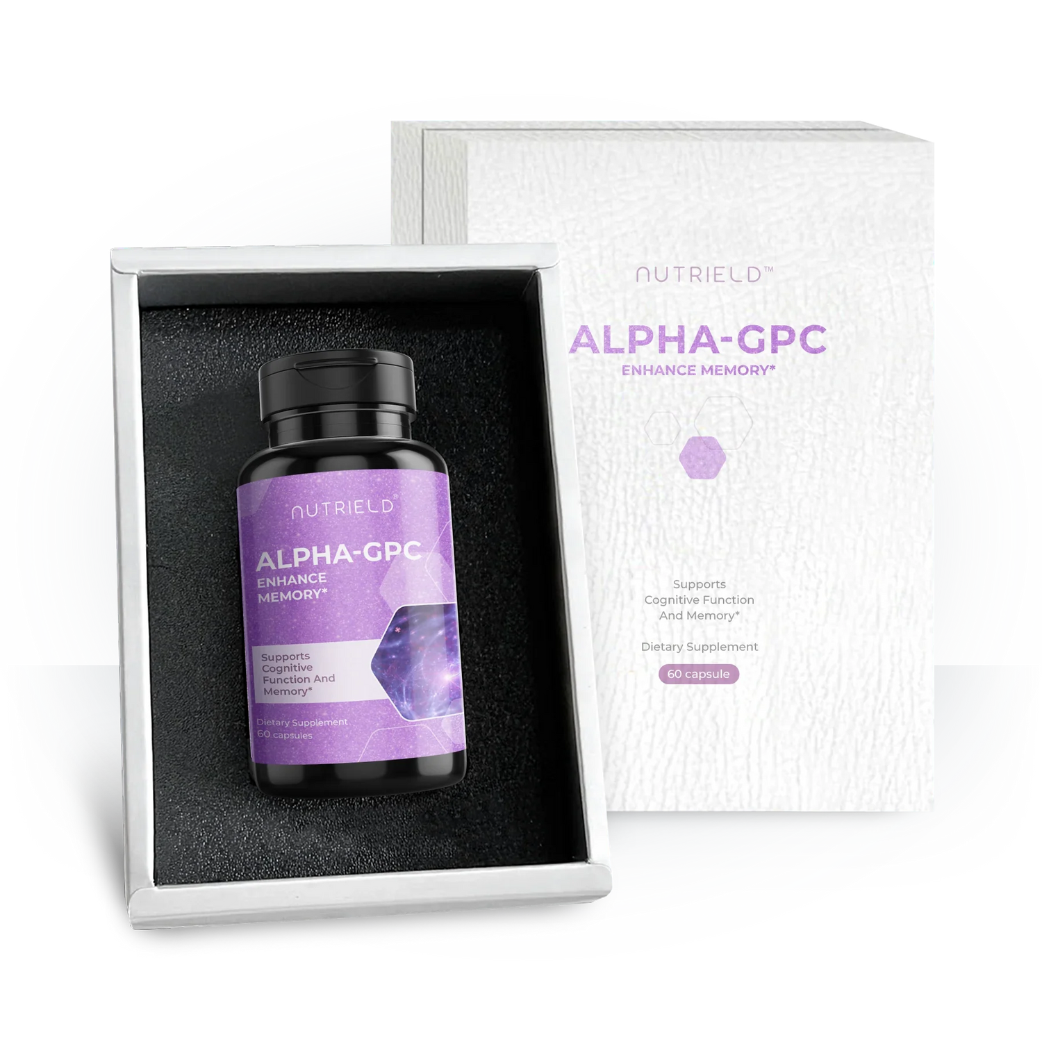 Alpha-GPC dietary supplement bottle in a box, labeled for cognitive function and memory support