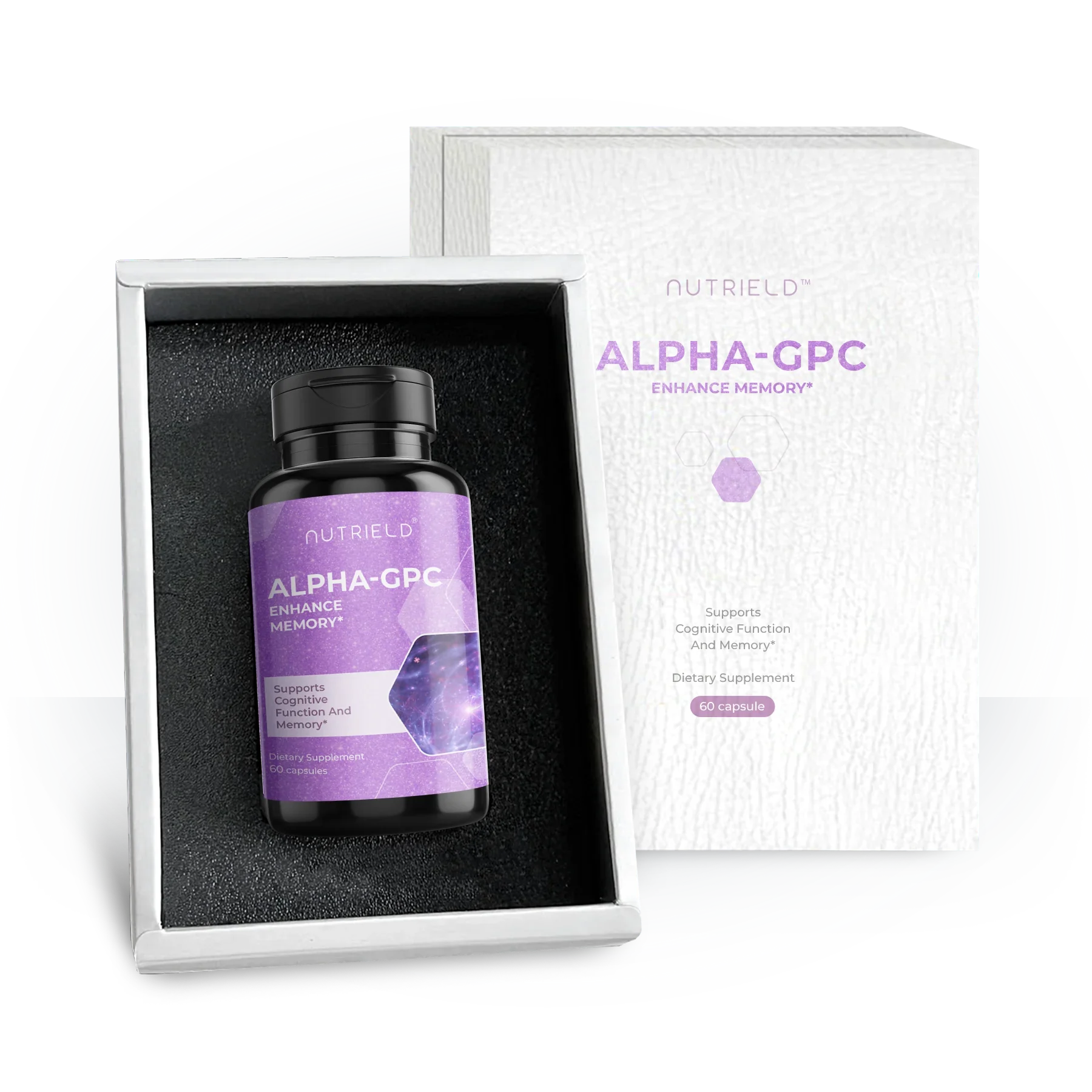 Alpha-GPC dietary supplement bottle in a box, labeled for cognitive function and memory support