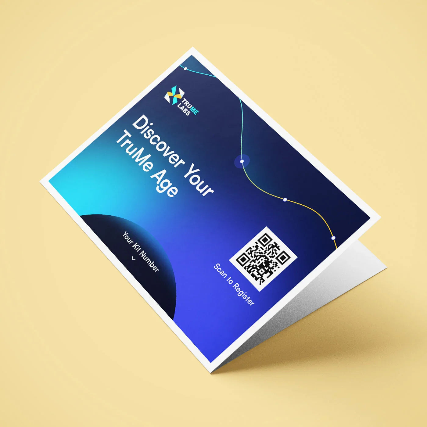 TruMe Labs card to discover your biological age with QR code for registration, supporting cellular energy and wellness
