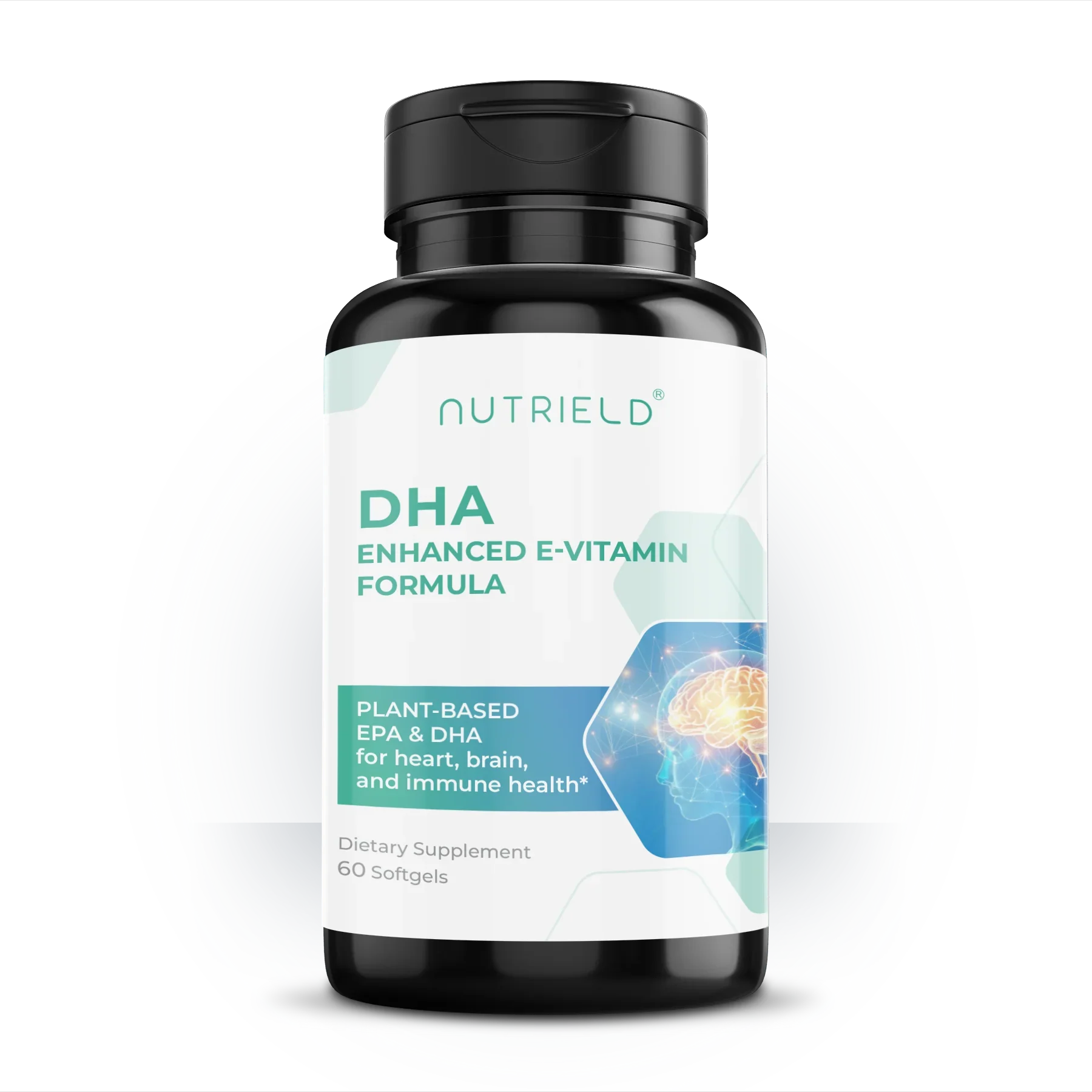 DHA enhanced E-vitamin supplement bottle with plant-based EPA and DHA for brain and heart health