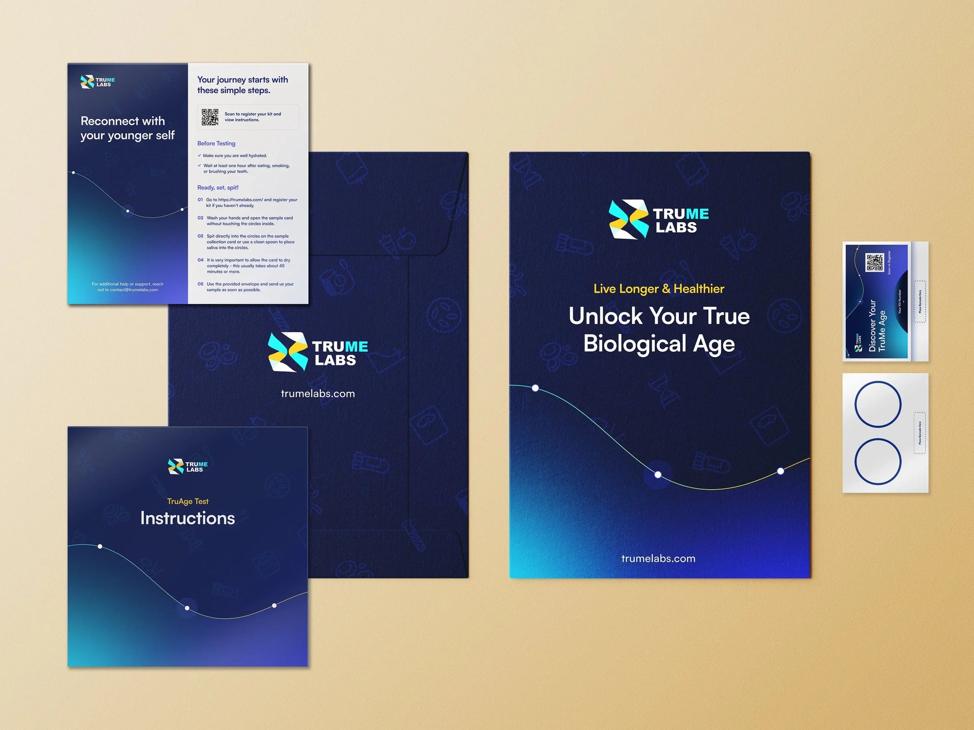 TruMe Labs biological age test kit with instructions, envelope, and sample card for wellness and longevity