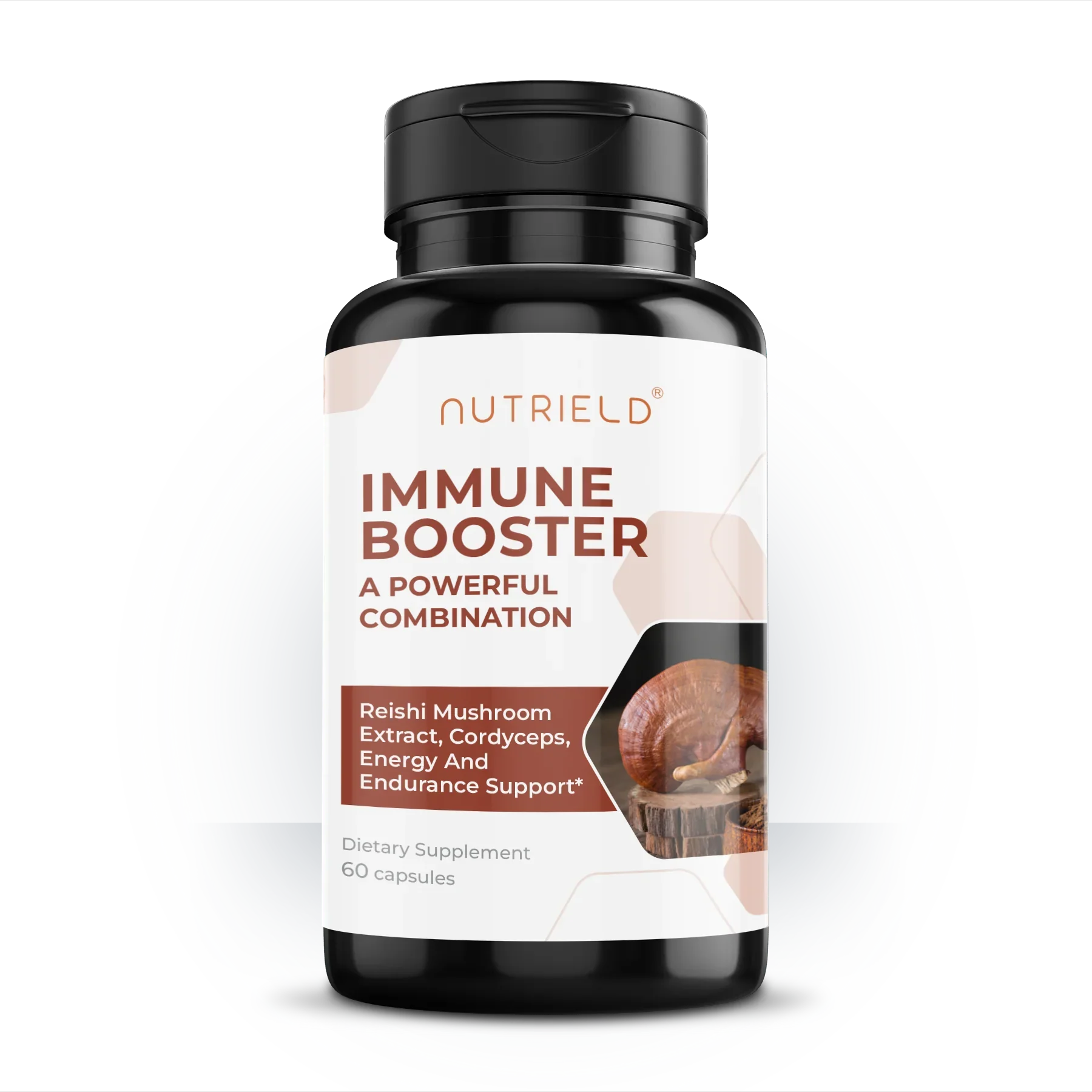 Immune booster dietary supplement bottle with reishi mushroom, cordyceps, 60 capsules