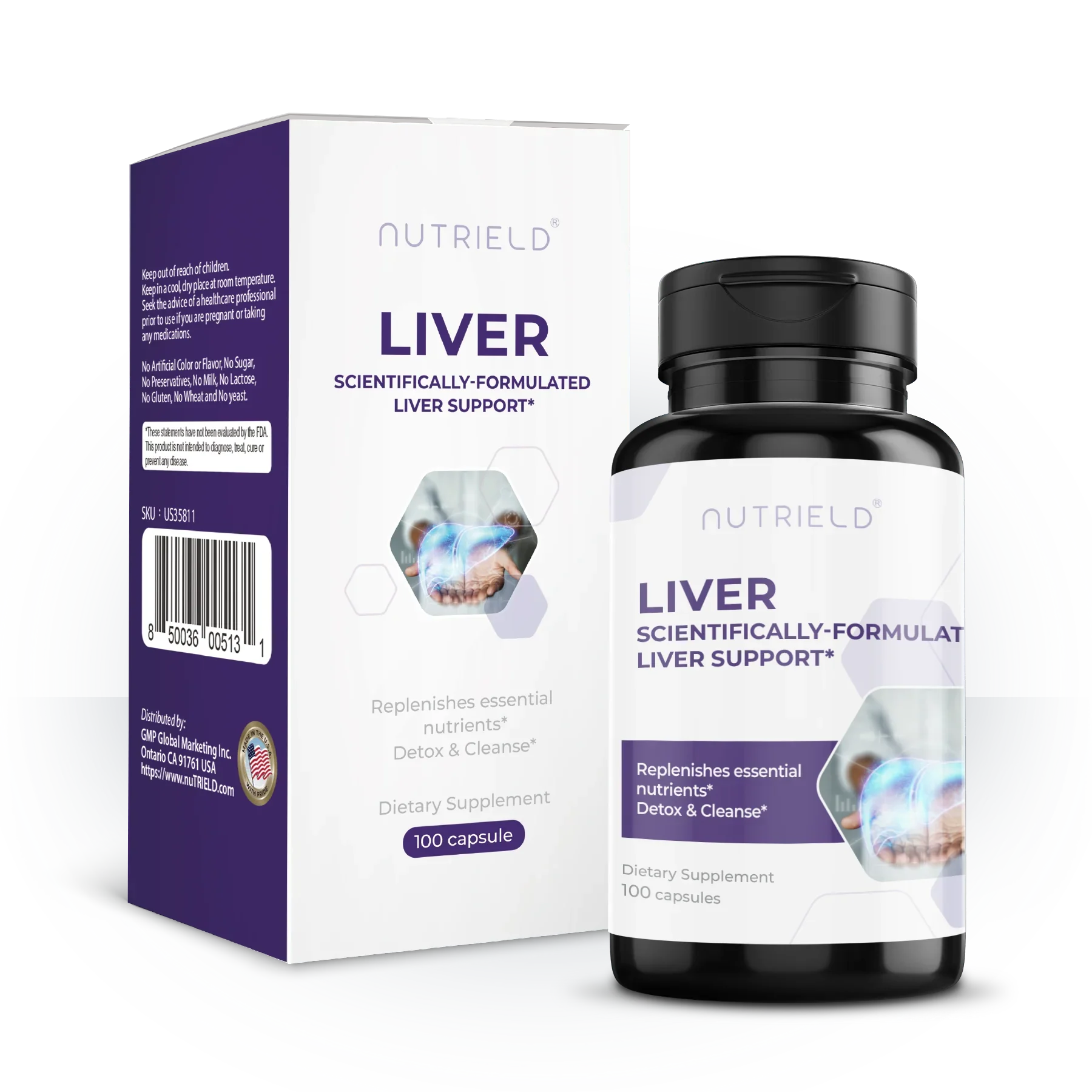 Liver support dietary supplement bottle and box with detox and cleanse benefits, 100 capsules