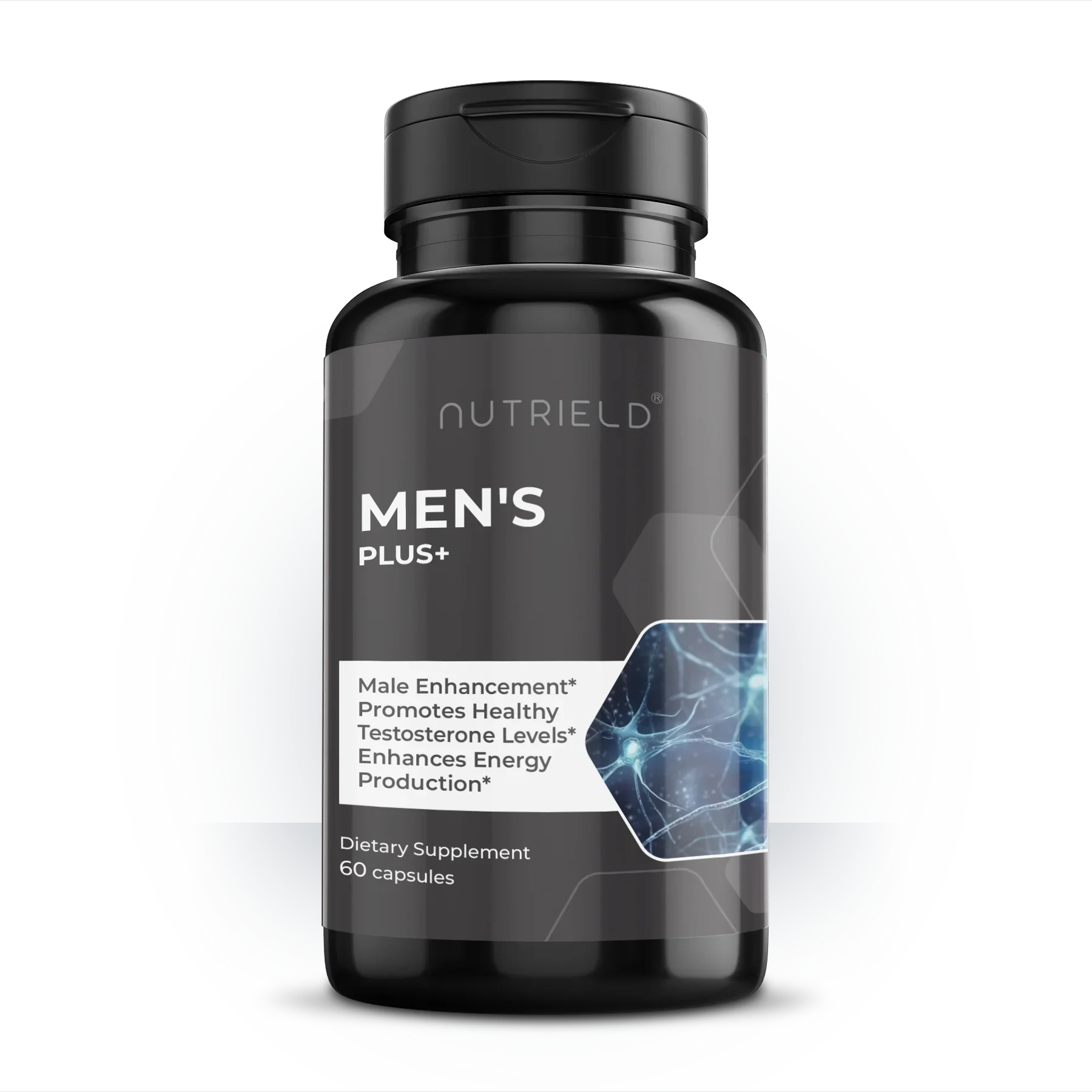 Men's dietary supplement bottle promoting testosterone, energy, and male health support
