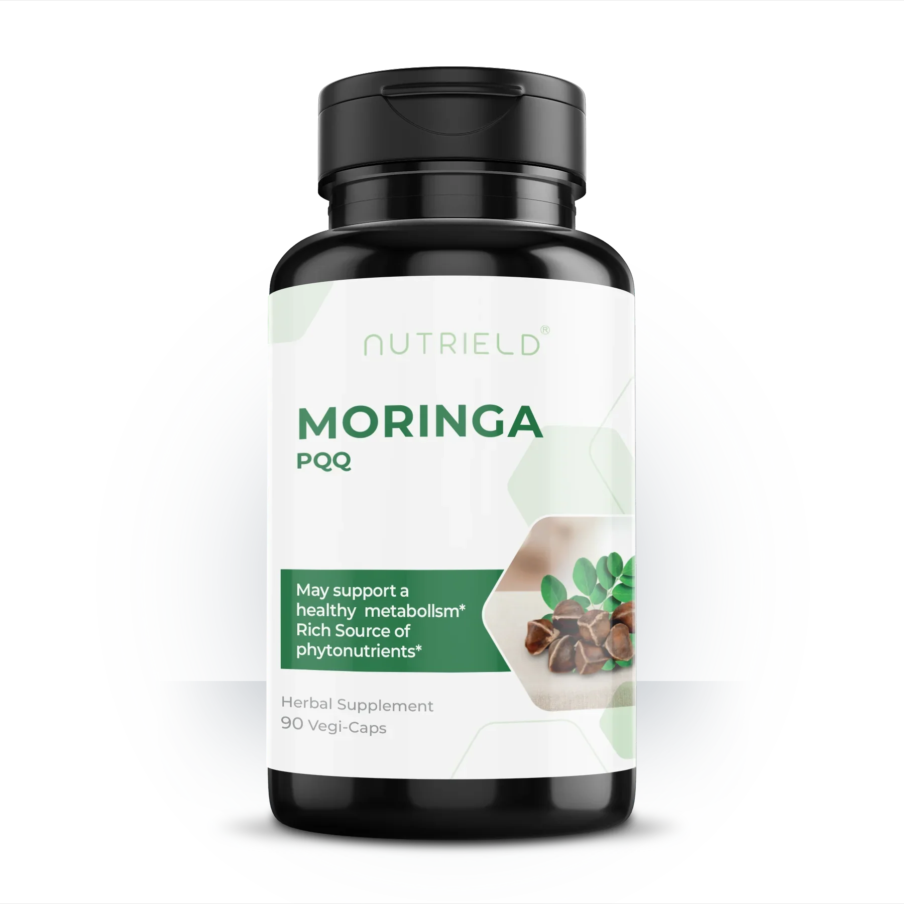 Moringa PQQ herbal supplement bottle with moringa leaves and capsules, 90 vegi-caps