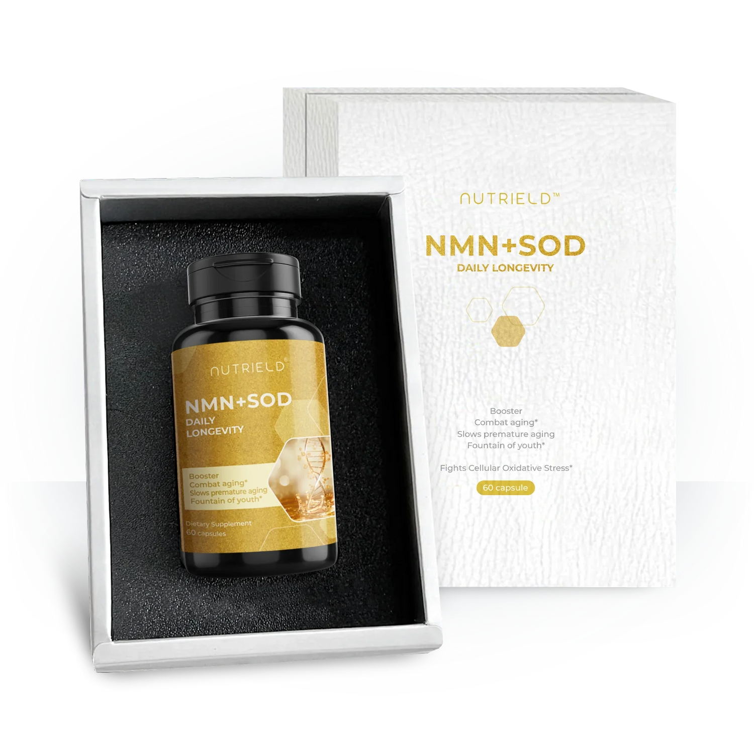 NMN+SOD daily longevity supplement capsules in a premium white box, dietary wellness product.