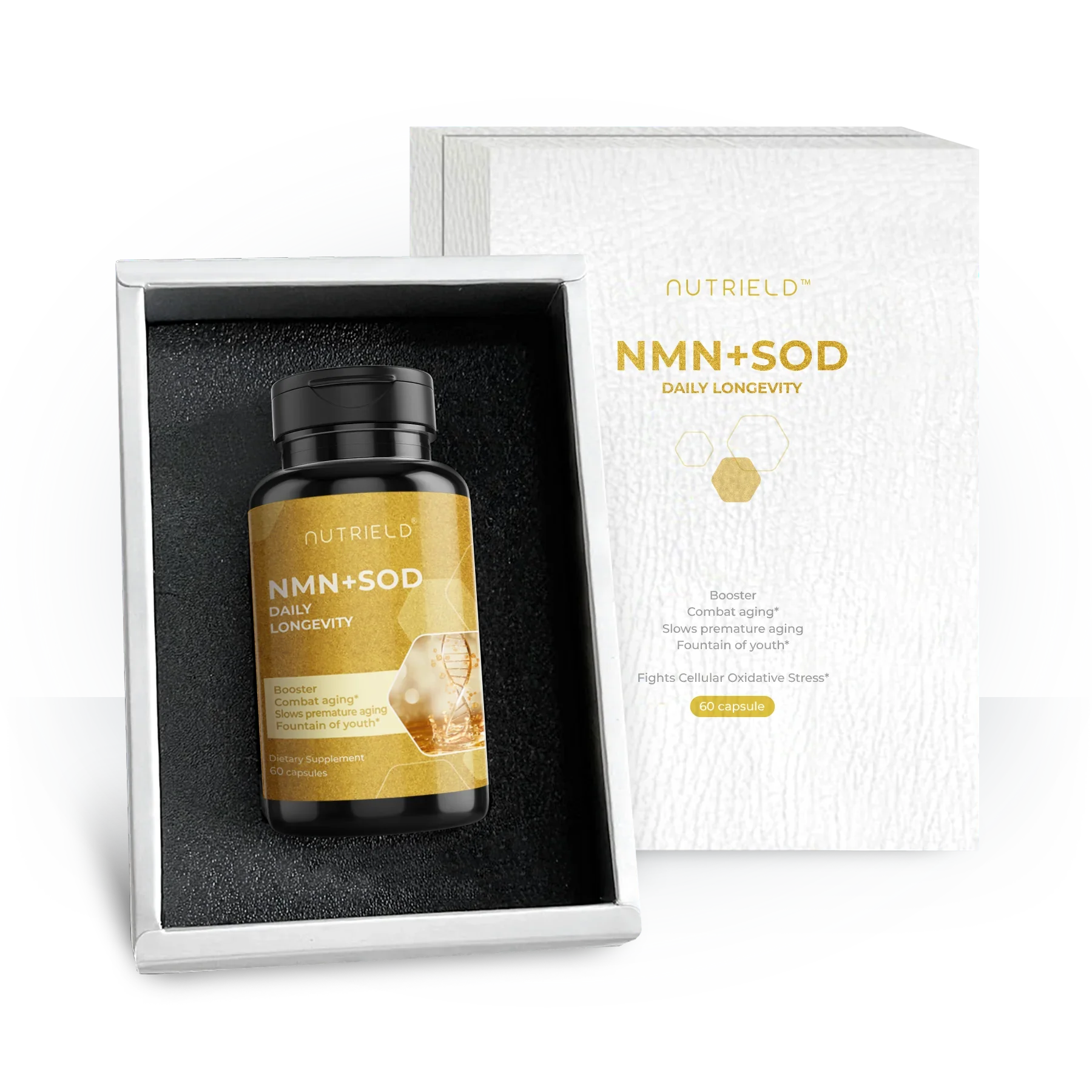 NMN+SOD Daily Longevity supplement bottle in elegant gift box, supports cellular energy and youthful skin