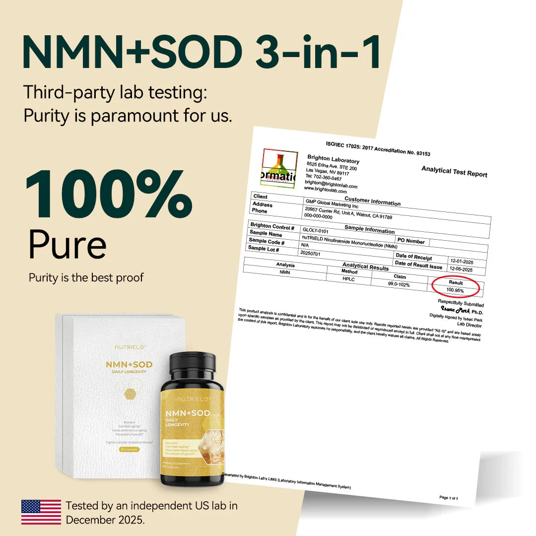 NMN SOD 3-in-1 supplement bottle, lab test report, and purity certification prominently displayed