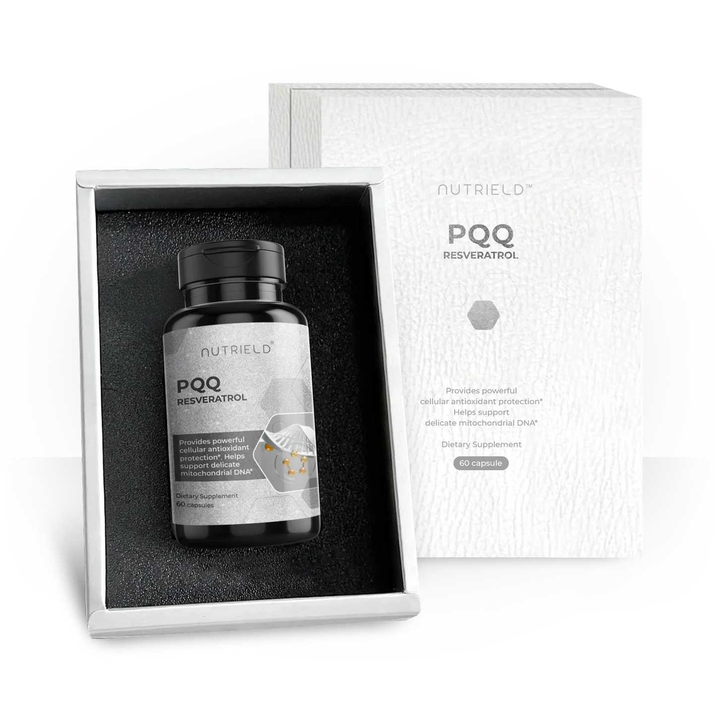 PQQ Resveratrol dietary supplement bottle in premium white box packaging, 60 capsules.