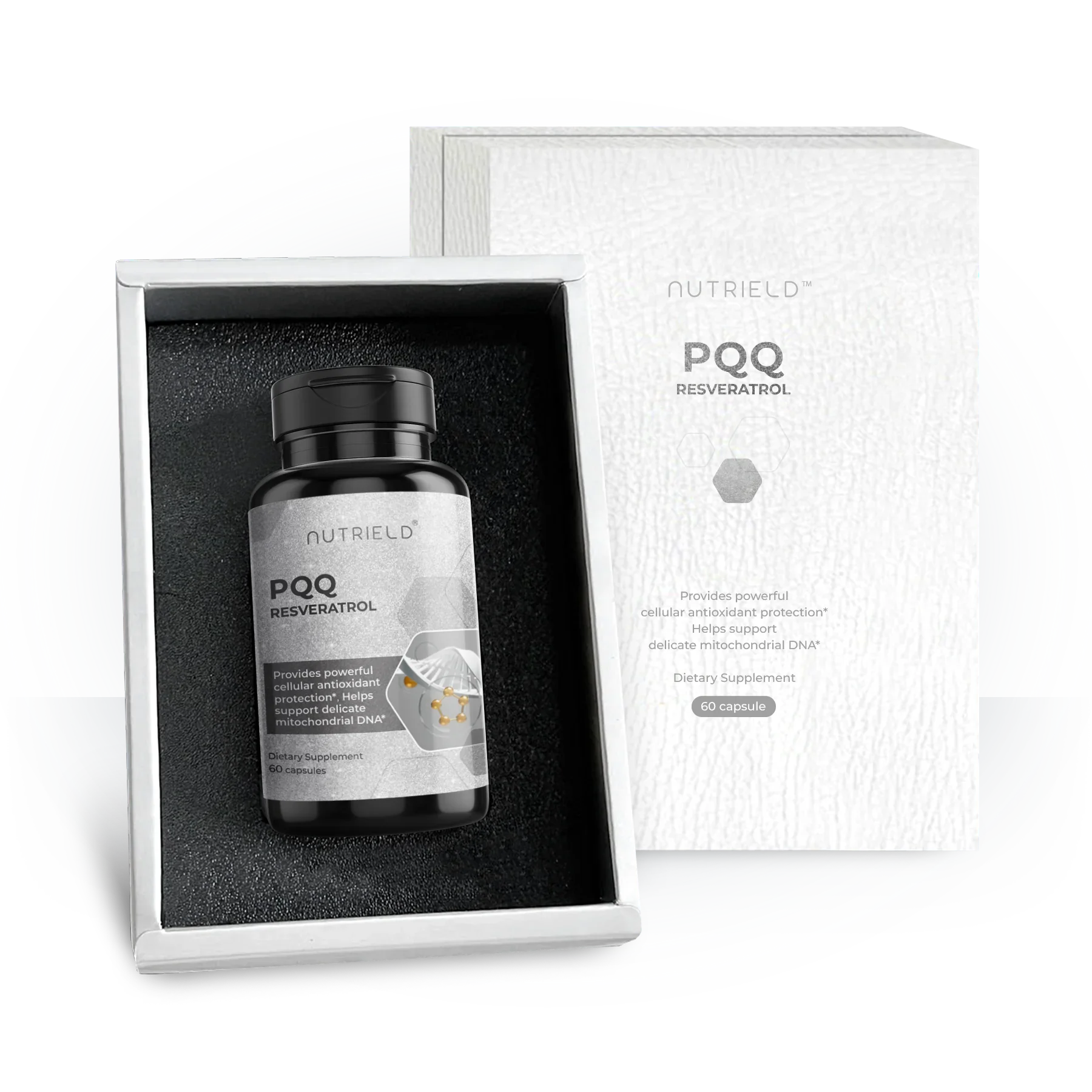 PQQ Resveratrol dietary supplement bottle in premium white box packaging, 60 capsules.