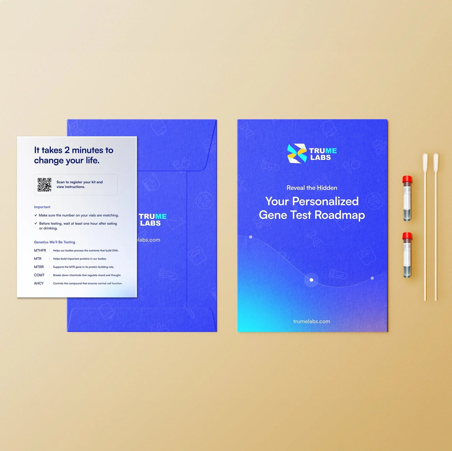 Personalized gene test kit with vials, swabs, and roadmap guide for cellular health and wellness