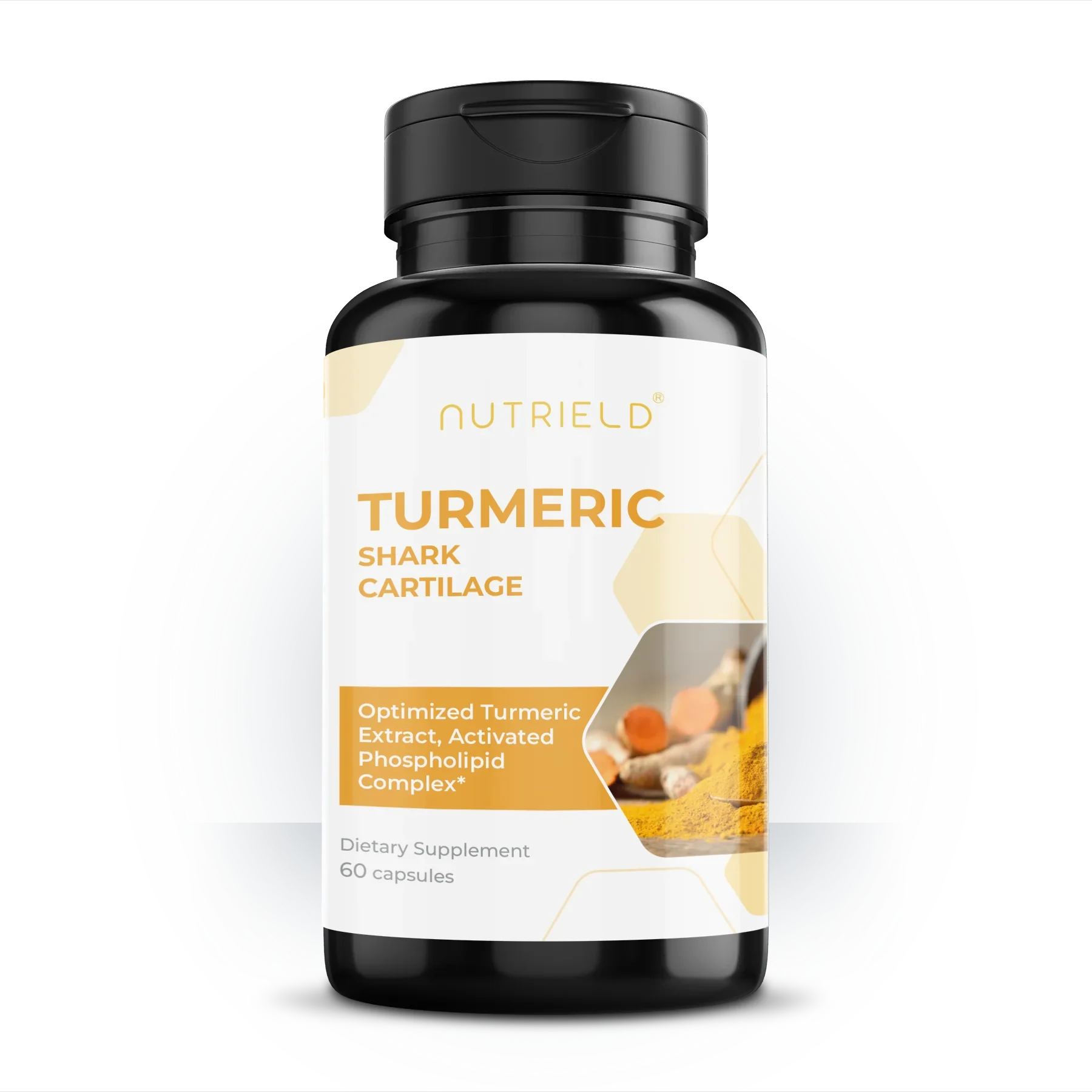 Turmeric shark cartilage dietary supplement bottle with turmeric root capsule imagery