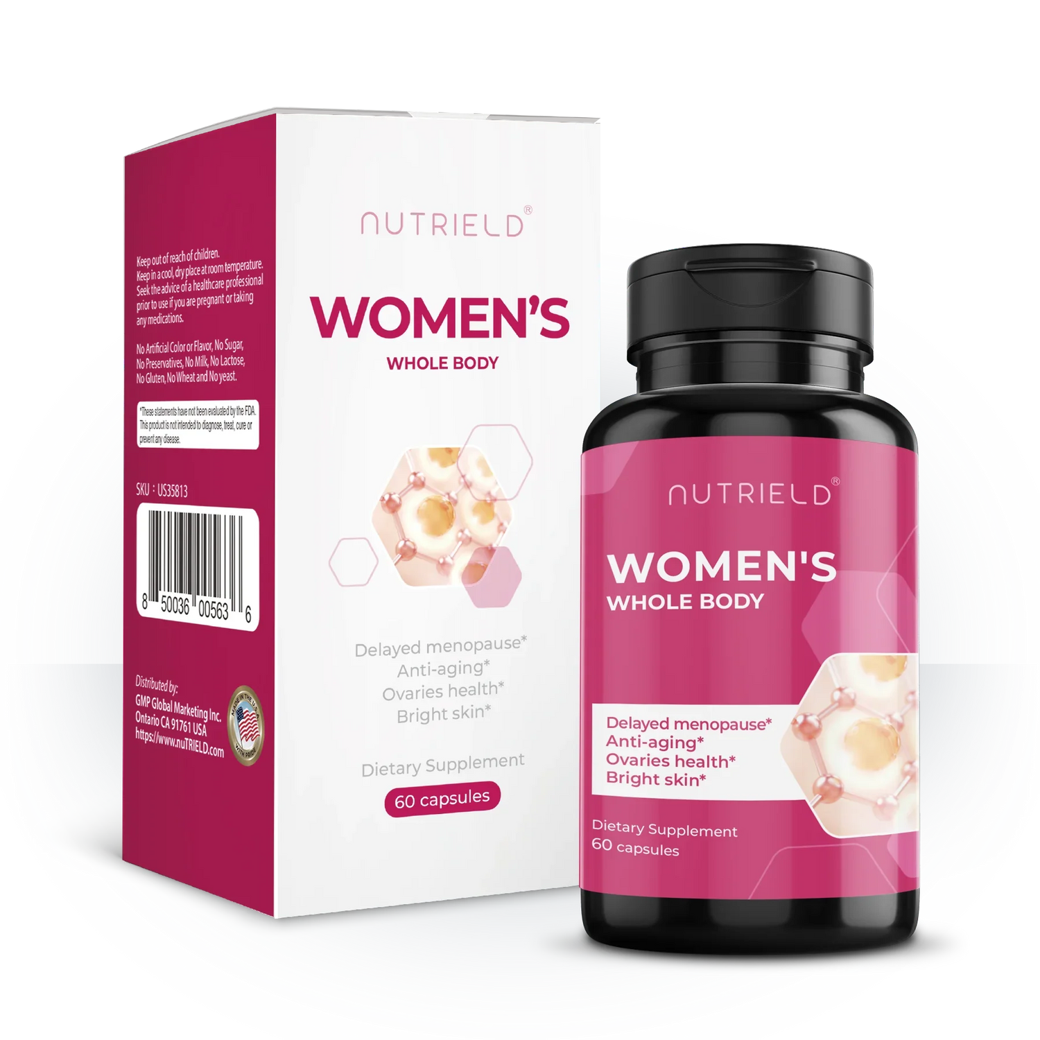 Women's whole body dietary supplement box and bottle, 60 capsules, pink label, for menopause, anti-aging, and skin health.
