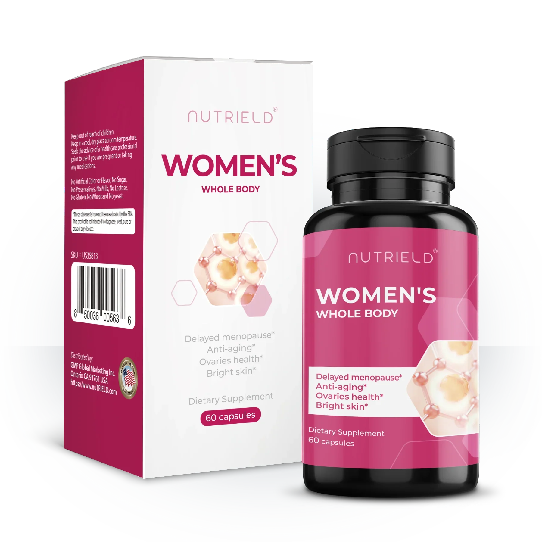 Women's whole body dietary supplement box and bottle, 60 capsules, pink label, for menopause, anti-aging, and skin health.