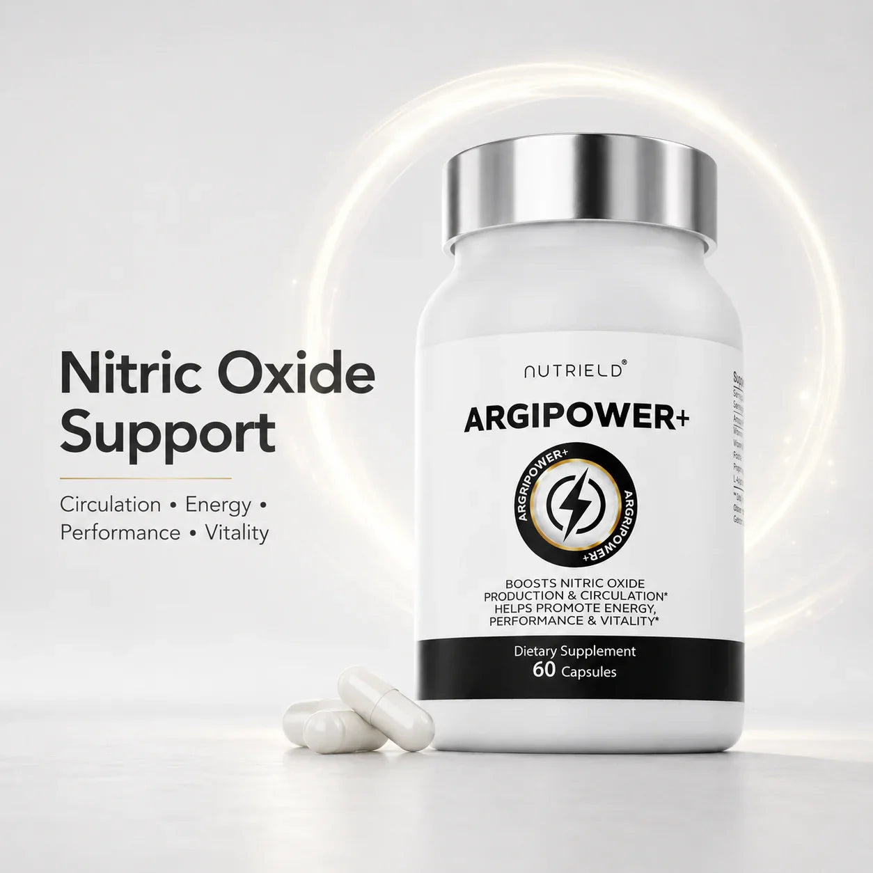 ArgiPower+ nitric oxide supplement bottle with capsules, boosts energy, circulation, and vitality