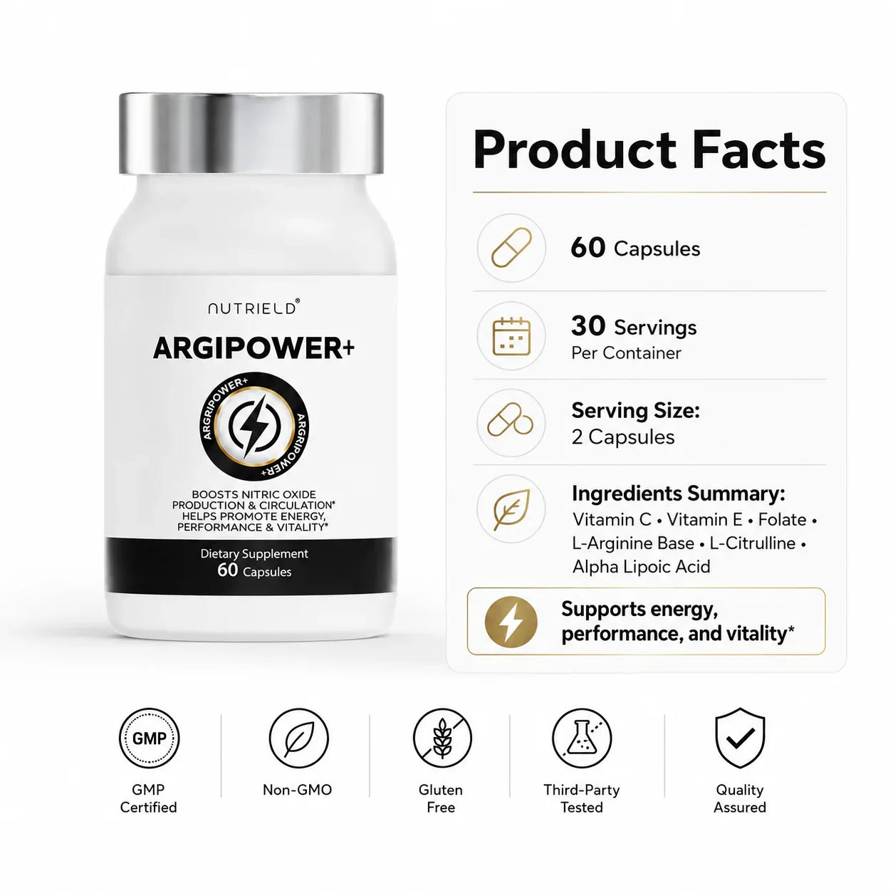 ArgiPower+ dietary supplement bottle with 60 capsules, supports energy, performance, and vitality, non-GMO, gluten-free