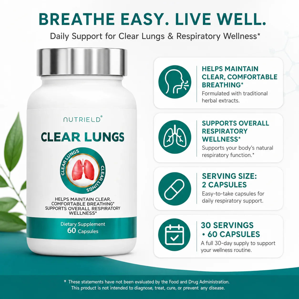 Clear Lungs dietary supplement bottle for respiratory wellness and comfortable breathing support