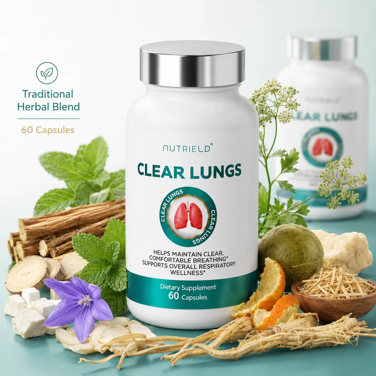 Clear Lungs dietary supplement bottle with herbal blend, 60 capsules for respiratory wellness support