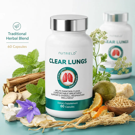 Clear Lungs dietary supplement bottle with herbal blend, 60 capsules for respiratory wellness support