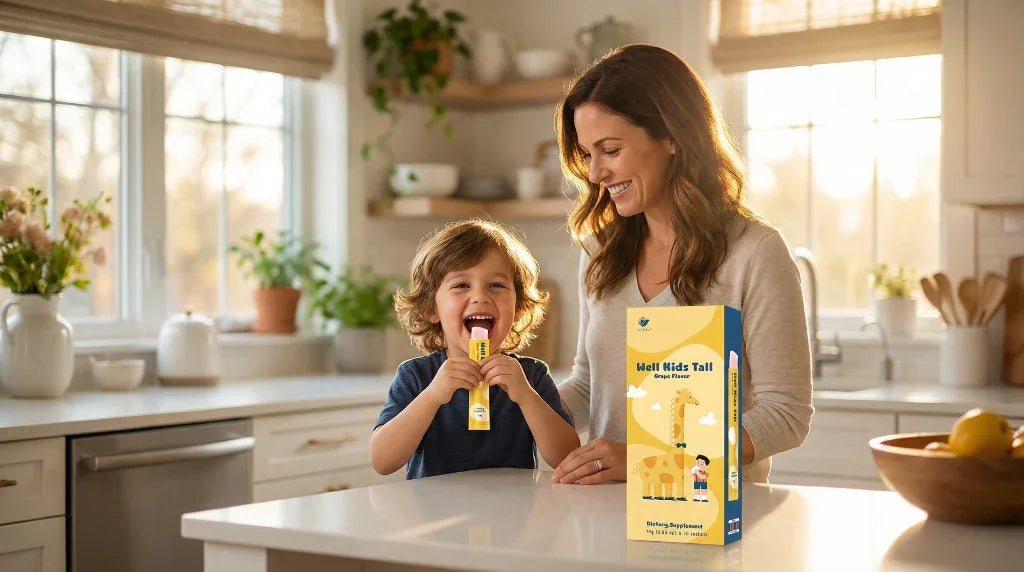 Happy mom and child enjoying Well Kids Tall orange flavor dietary supplement in sunny kitchen