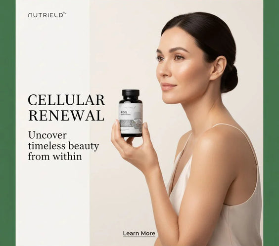 Woman with glowing skin holding NutriELD cellular renewal supplement bottle, skincare beauty concept